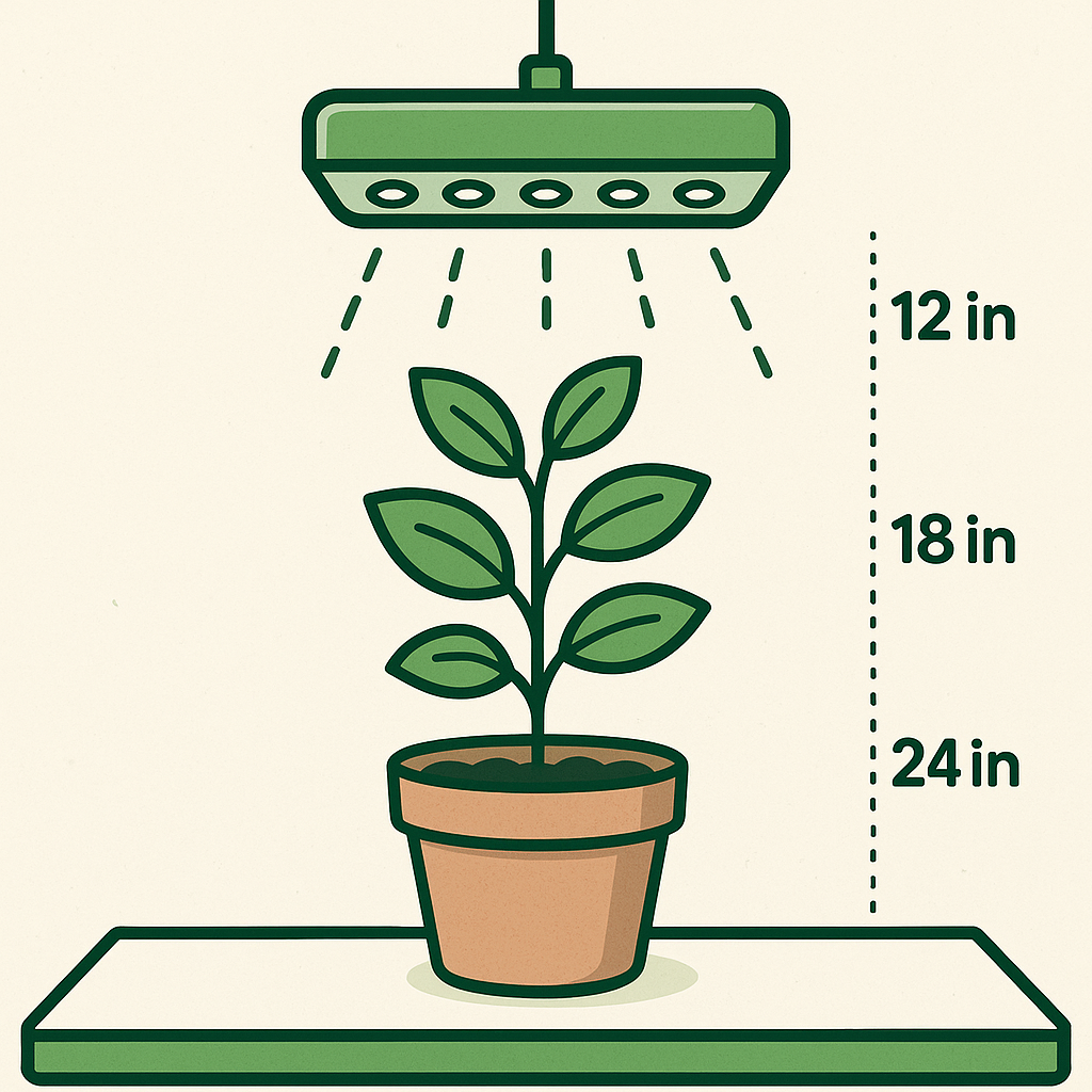 Diagram showing correct grow light distance from plants - 12-24 inches for LED, with visual markers