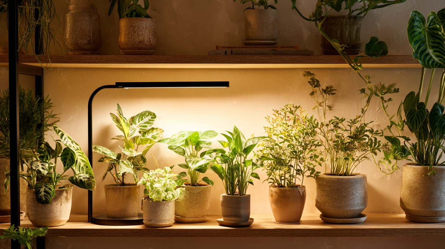Plant shelf with grow lights illuminating various houseplants