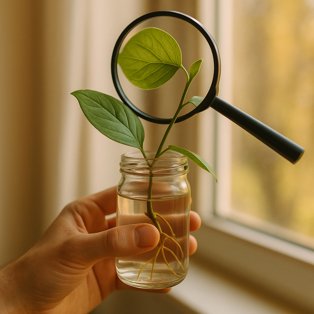 Hand holding a soil-rooted plant cutting in a clear glass pot with a magnifying glass hovering over the leaves — investigative plant identification
