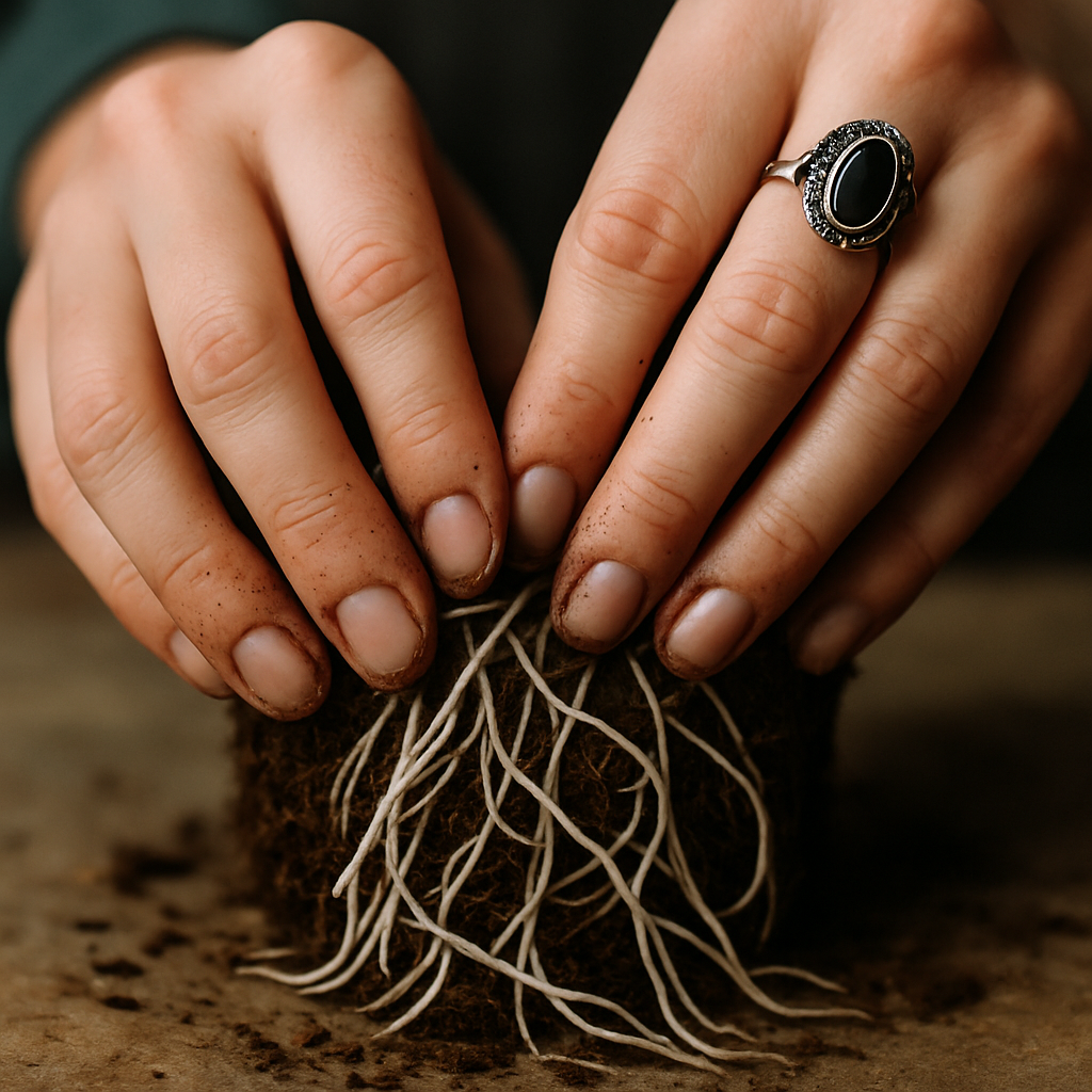 Close-up hands gently massaging and loosening a root ball over a clean work surface