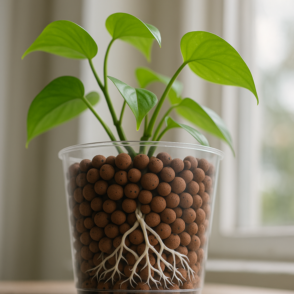 Visible white roots of a pothos plant growing in LECA through a clear pot — healthy semi-hydro roots