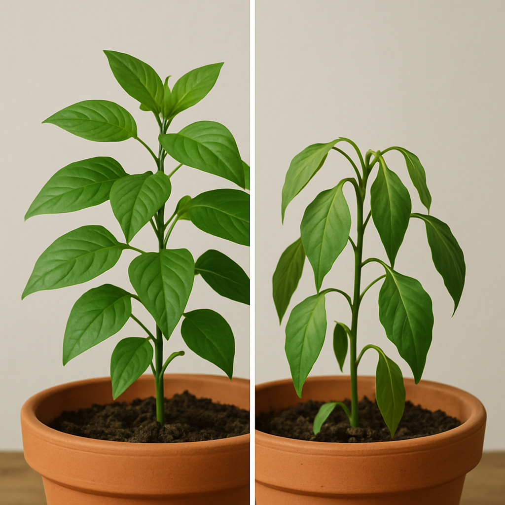 Side by side comparison of a healthy thriving plant and a stressed post-move plant with drooping leaves