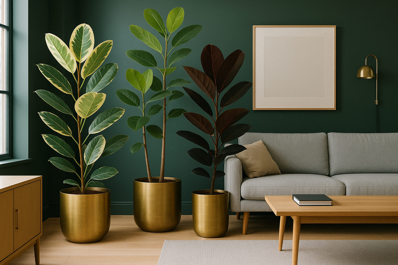 Collection of trending Ficus alternatives including rubber plant and Ficus Audrey styled in a modern living room with dark walls and brass accents