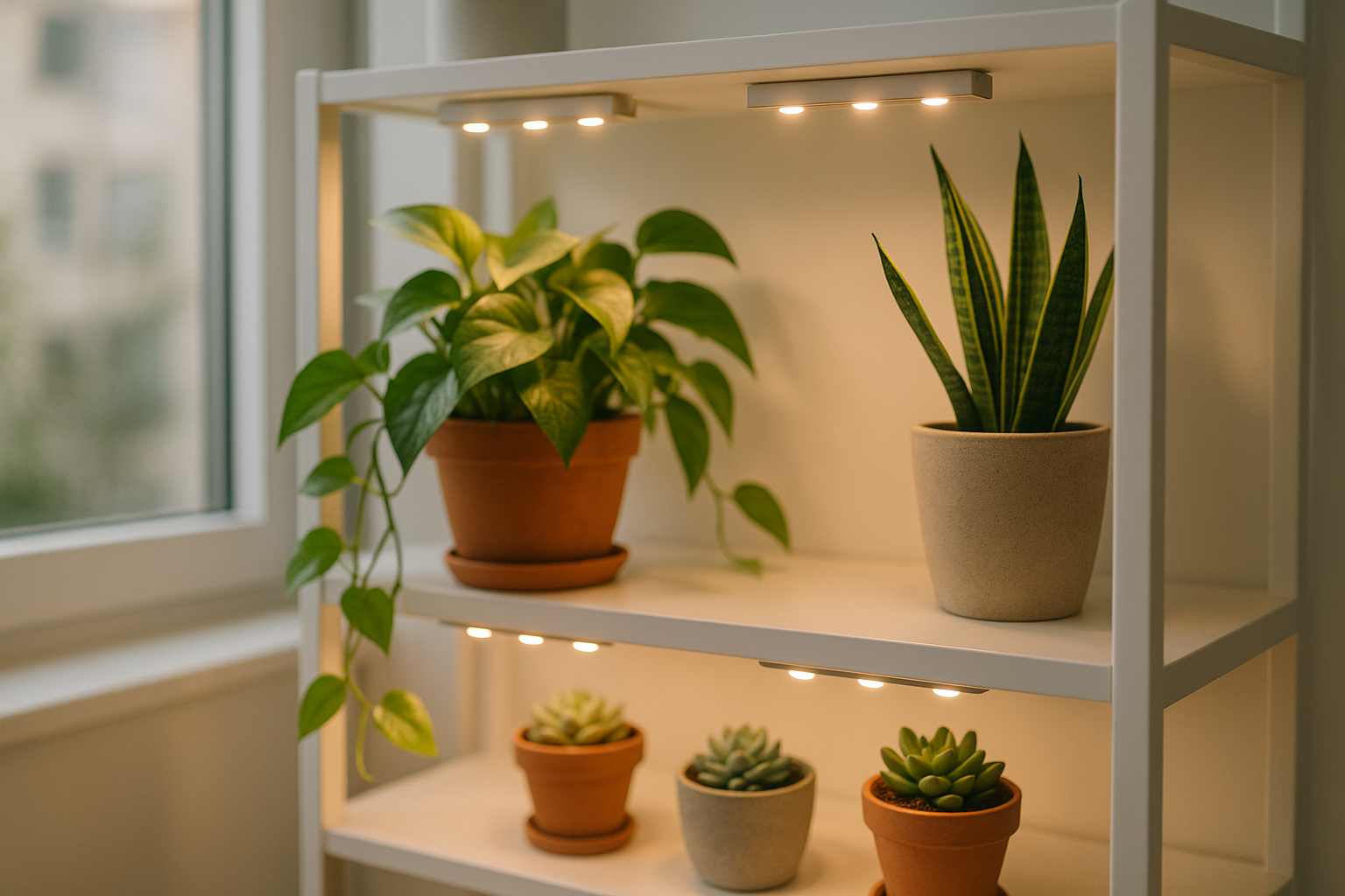 Affordable LED grow lights arranged on a shelf with thriving indoor plants including pothos and succulents