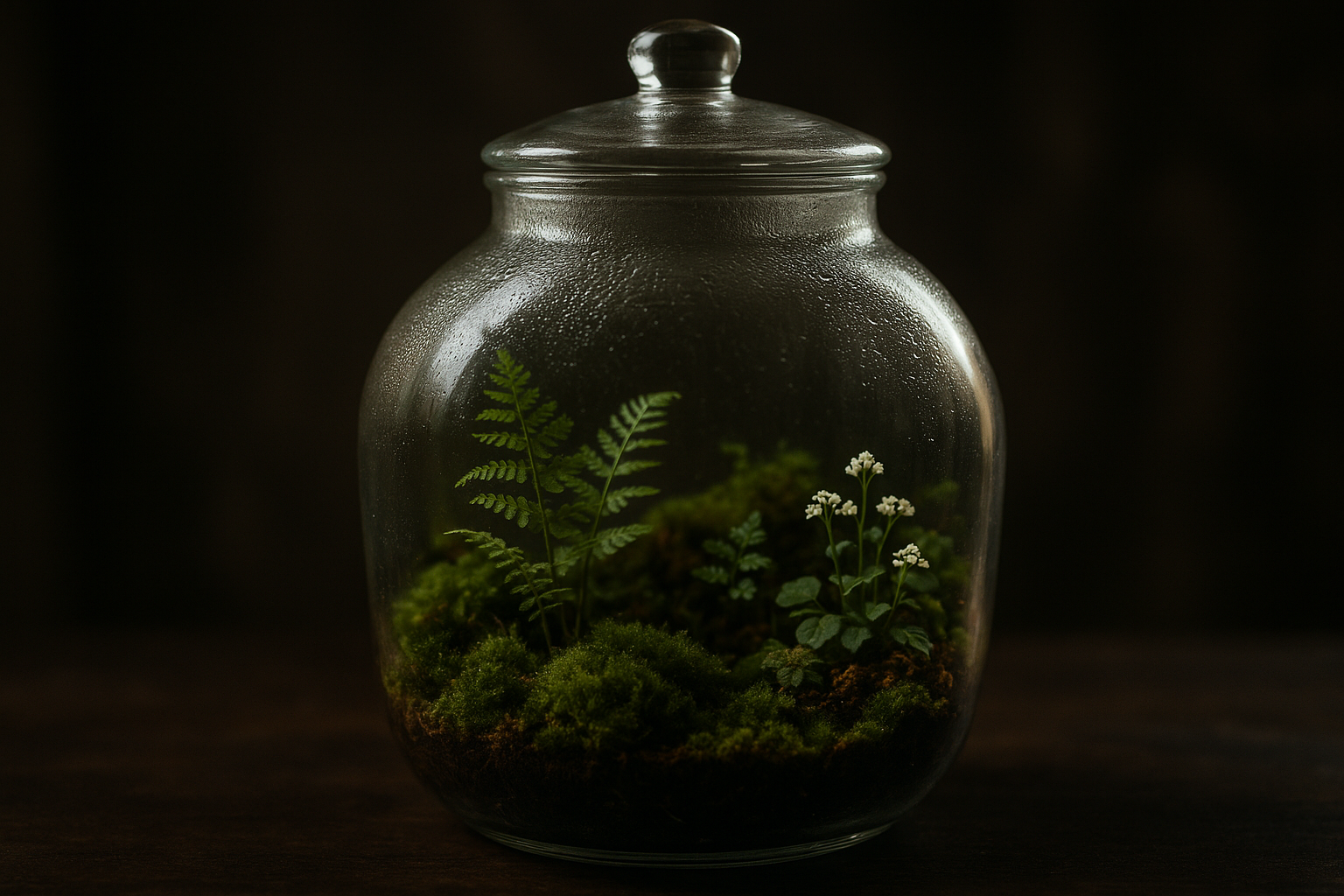 Finished closed terrarium with condensation on glass, showcasing a lush woodland plant palette inside a glass apothecary jar