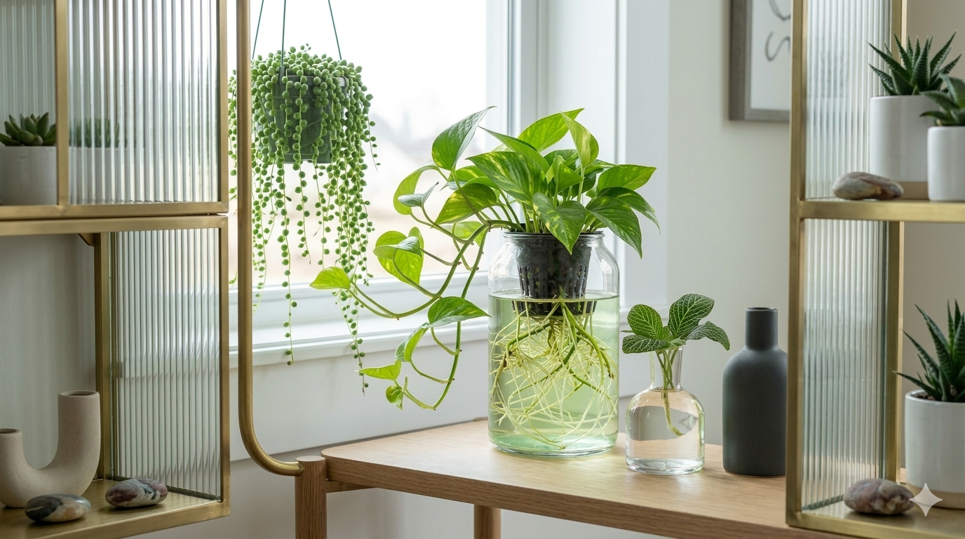 Comparison of hydroponic nutrient bottles with lush pothos in background