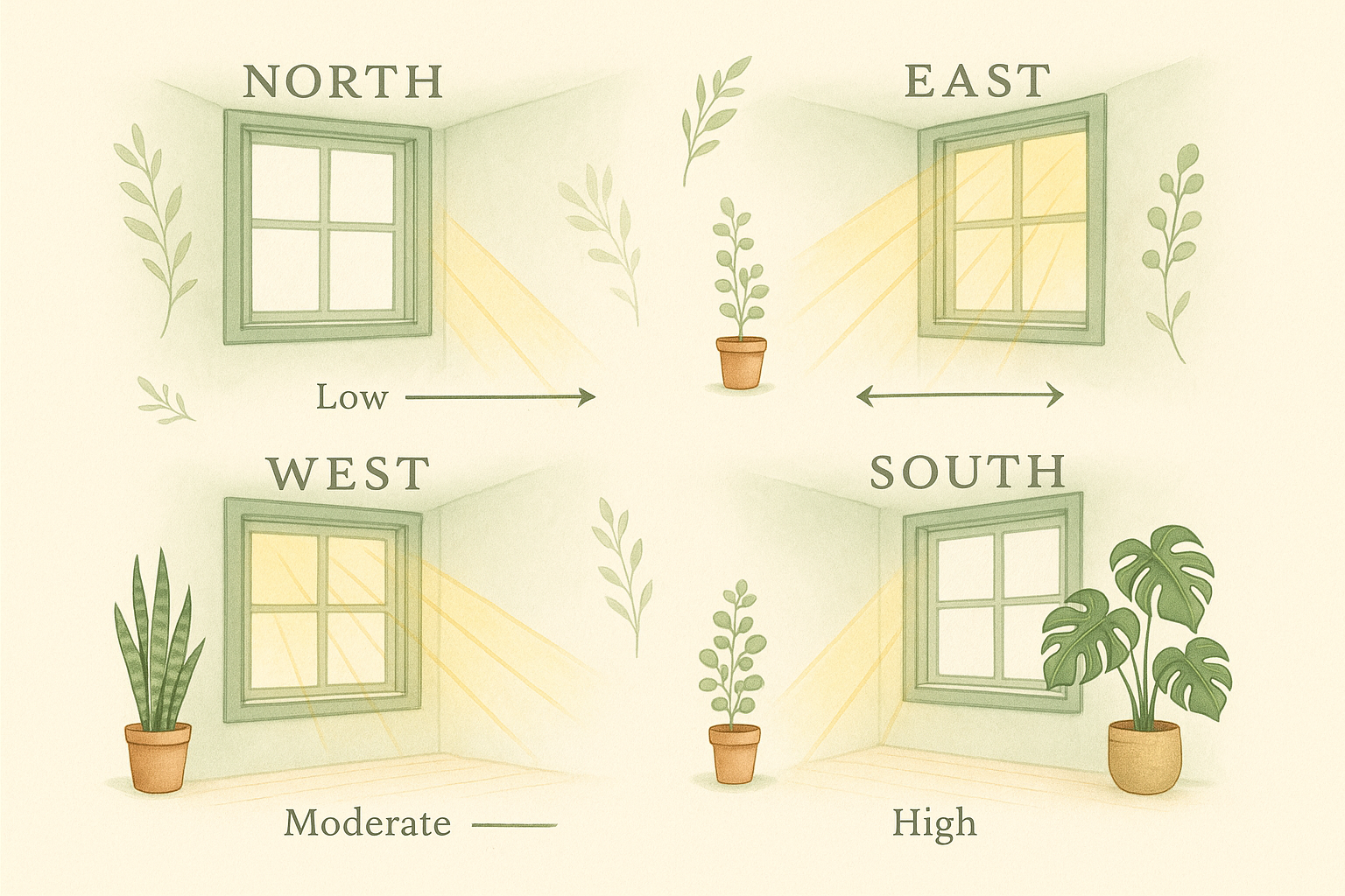 Four window directions showing light intensity for houseplants - north, south, east, west facing windows diagram