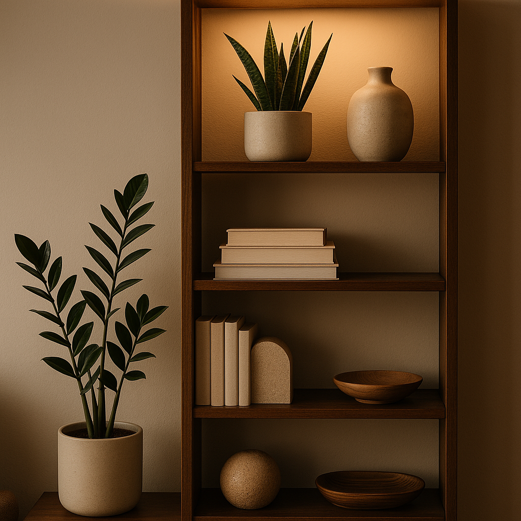 High plant shelf styling with low light plants, decorative books, ceramic vase and ZZ plant instead of sun-loving plants