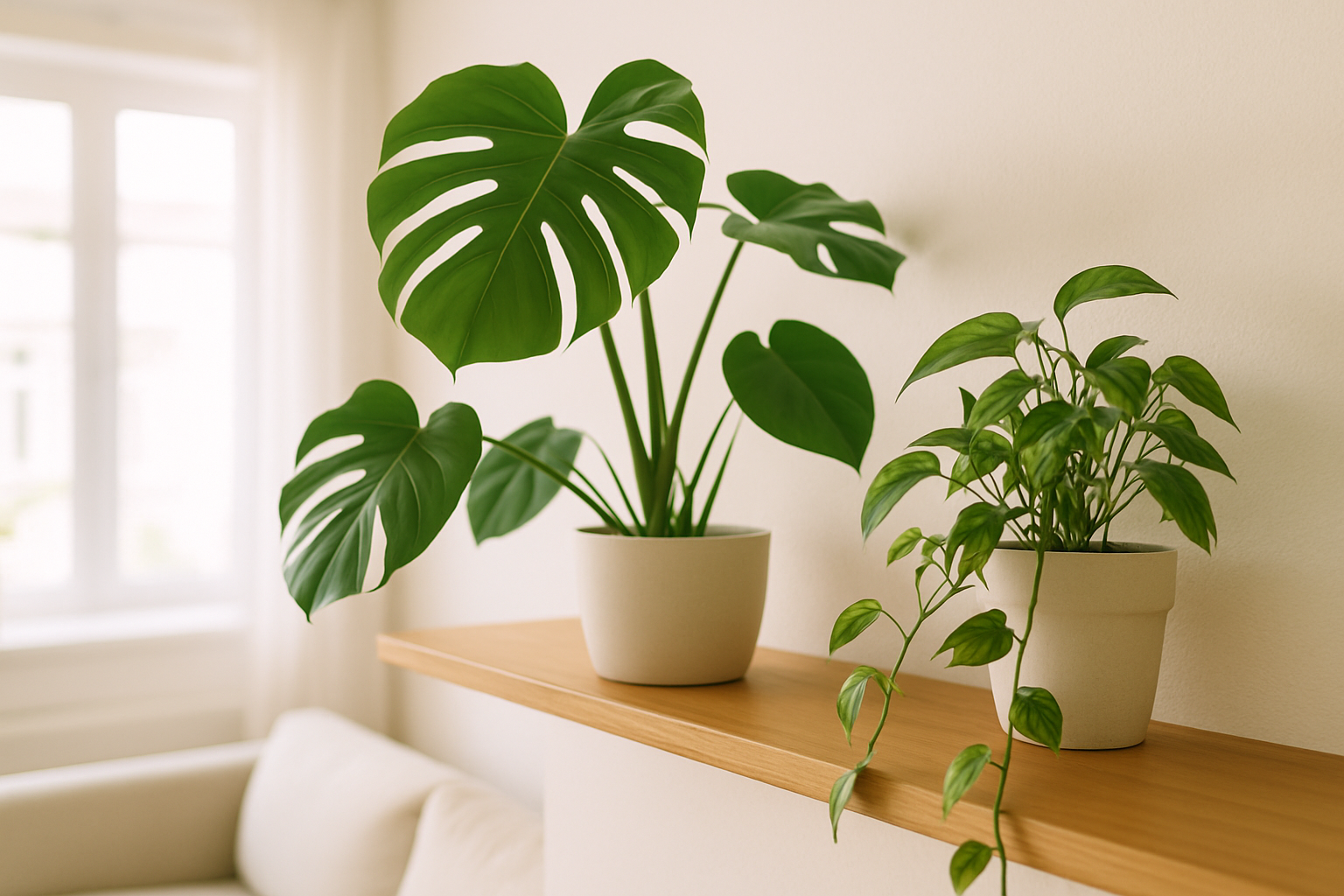 A thriving monstera and pothos side by side in a bright room, showing large healthy leaves — illustrating faster plant growth