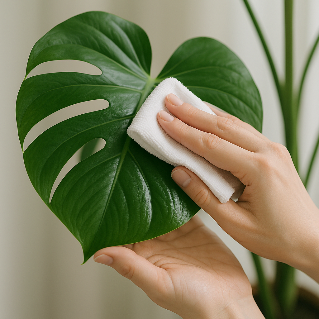 Hand wiping a large Monstera leaf with a damp microfiber cloth, showing proper technique of supporting the leaf from below