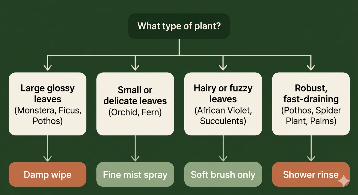 Decision guide flowchart showing which cleaning method to use based on plant leaf type