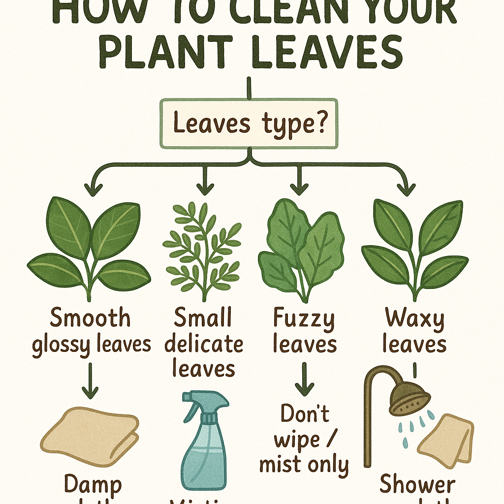 Illustrated flowchart showing which leaf cleaning method to use based on leaf type: smooth, delicate, fuzzy, or waxy