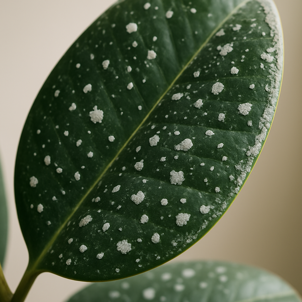 White mineral deposits and hard water spots on a glossy houseplant leaf