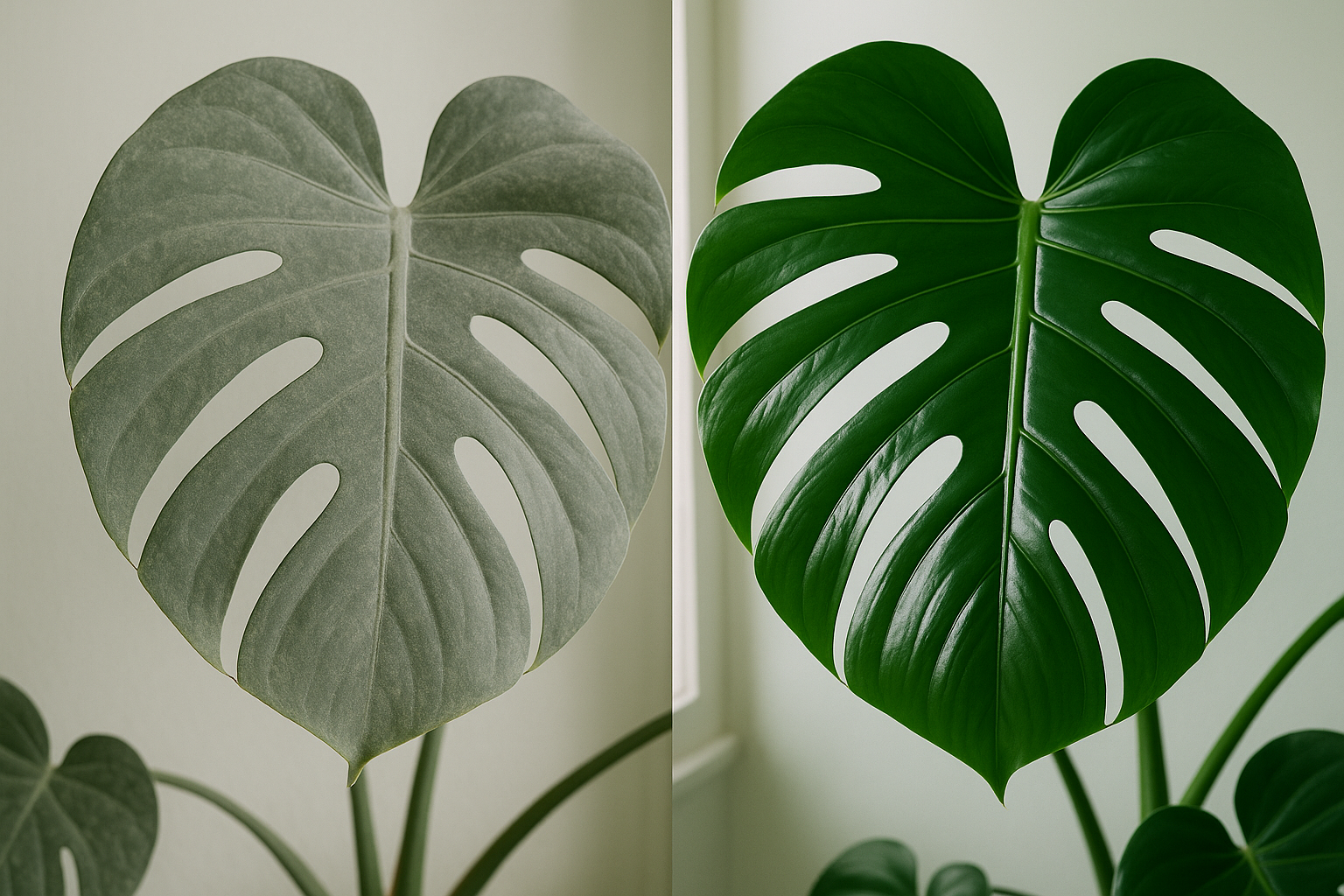 Before and after comparison of a dusty Monstera leaf and a freshly cleaned, glossy Monstera leaf