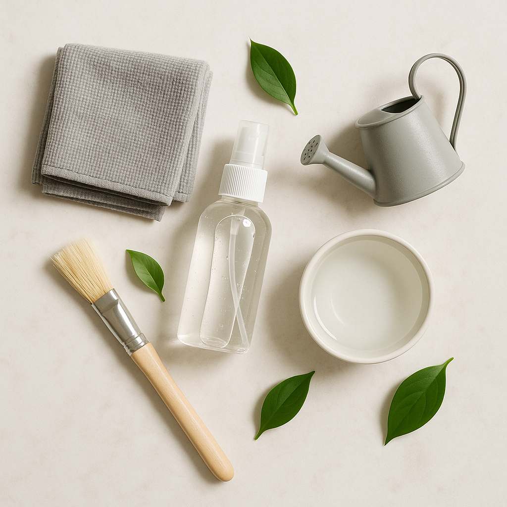 Flat lay of five leaf cleaning tools: microfiber cloth, spray bottle, soft paintbrush, and small watering can