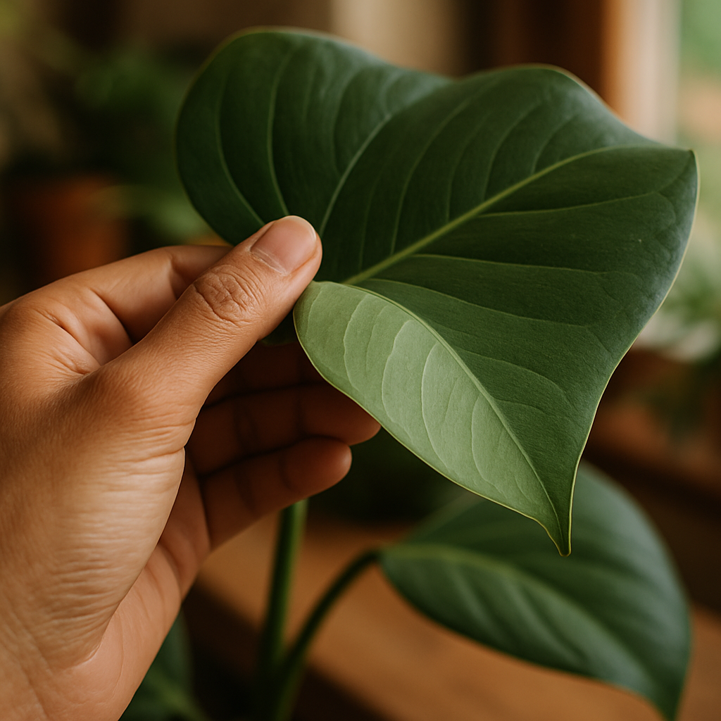 Close-up of a hand examining the underside of a houseplant leaf for pests while cleaning