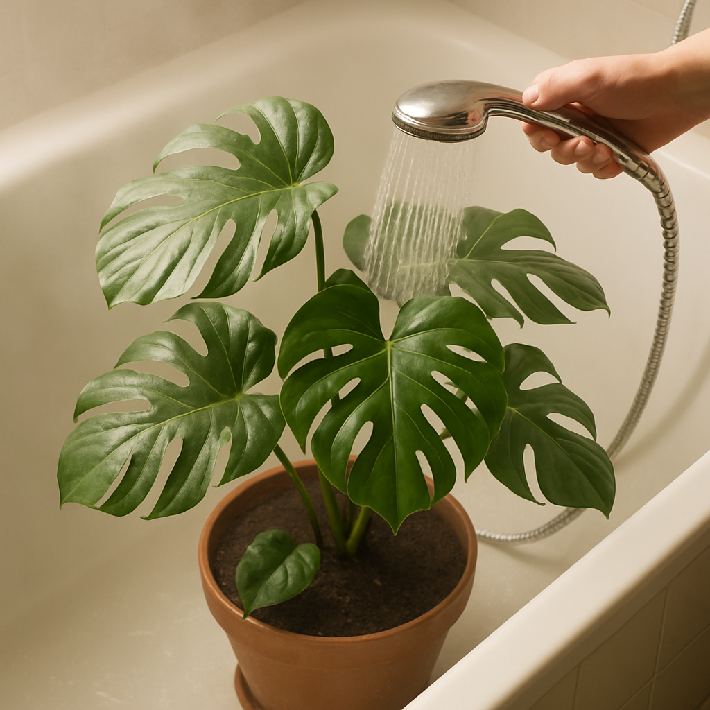 Large Monstera plant being gently hosed down in a bathtub, showing the shower method for cleaning large houseplants