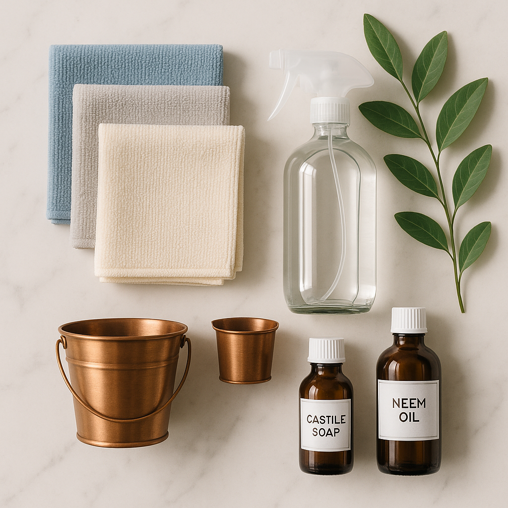 Flat lay of the leaf cleaning toolkit on a clean marble surface: microfiber cloths, spray bottle, small bucket, castile soap, and neem oil