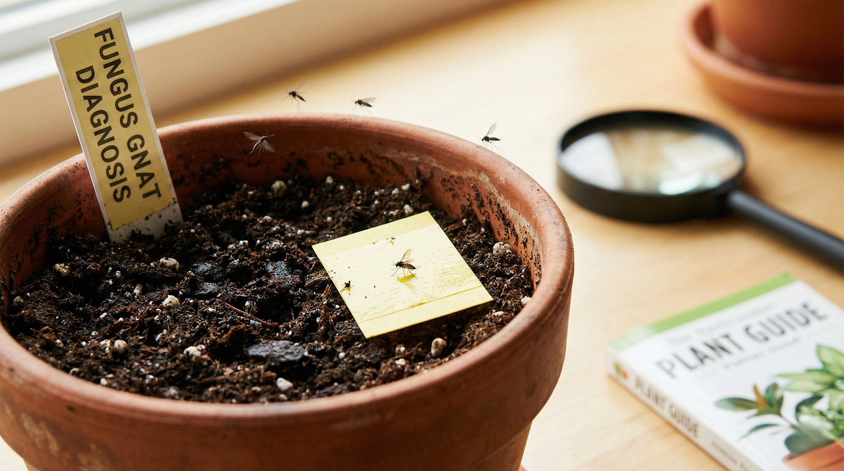 Close-up of a houseplant pot with yellow sticky traps catching tiny flying fungus gnats