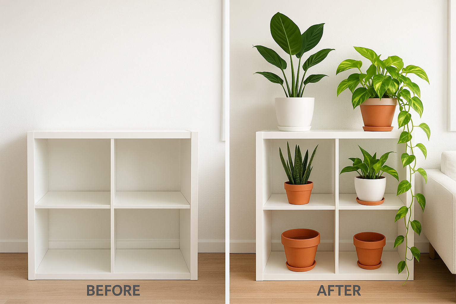 Before and after plant shelf styling on an IKEA Kallax — same plants, different arrangement using height rule and unified pot colors