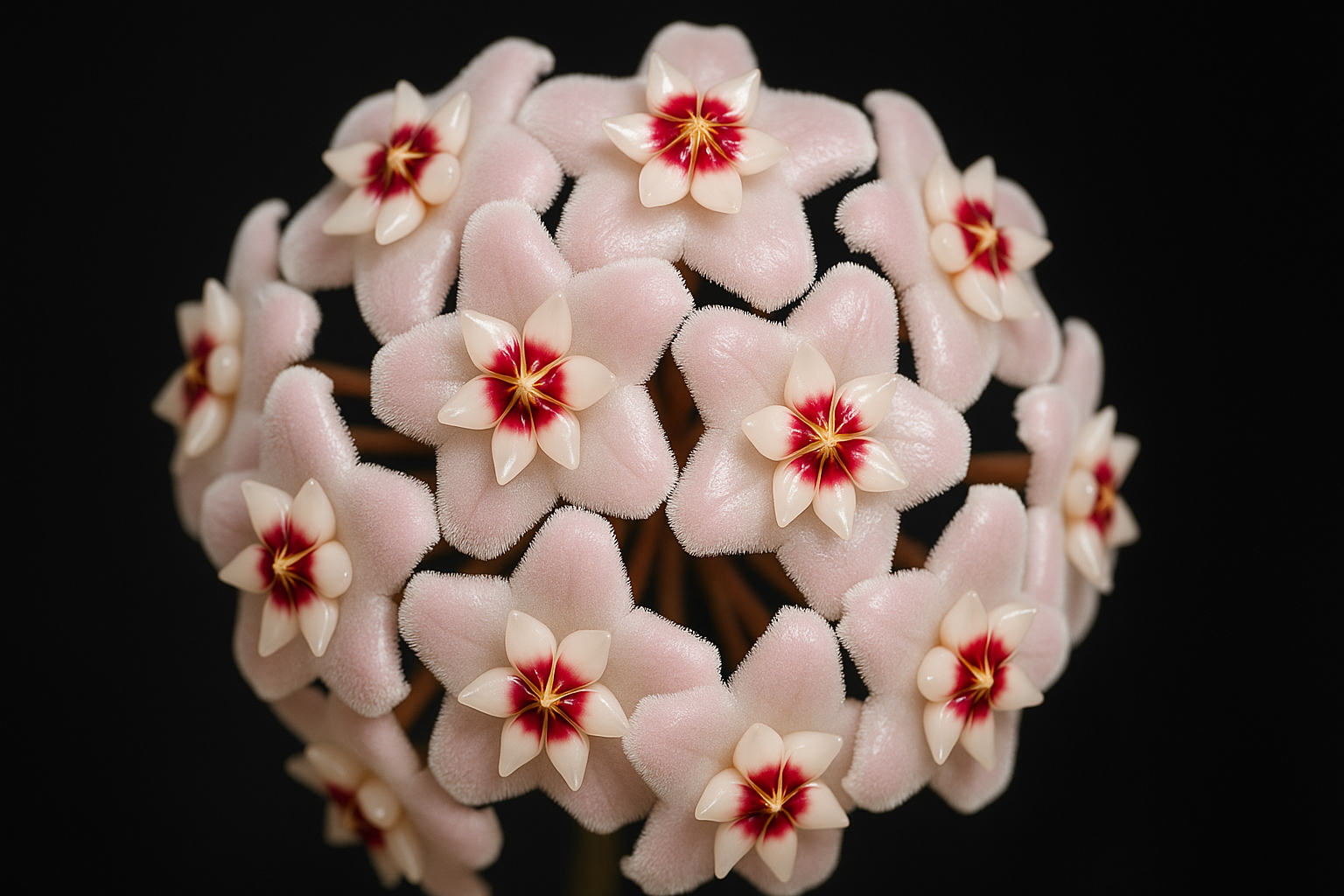 Close-up of hoya flower cluster showing porcelain-like wax blooms in pink and white