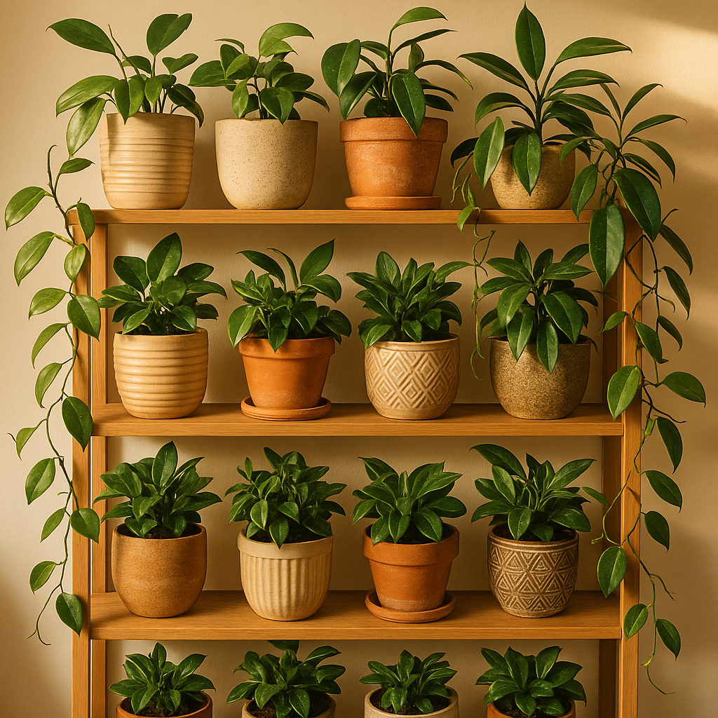 Shelf display of multiple hoya plants in various containers, collector style