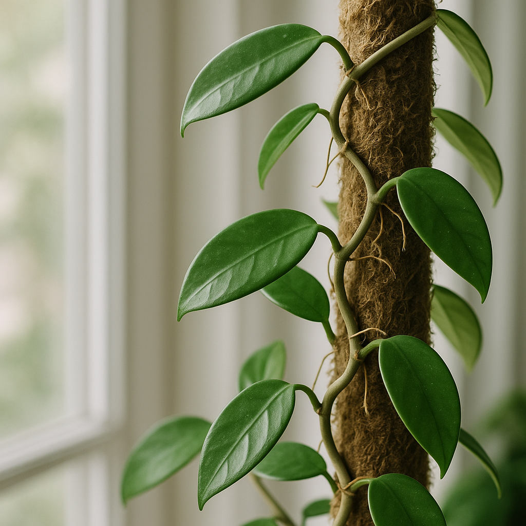 Mature hoya climbing on moss pole with aerial roots and new growth