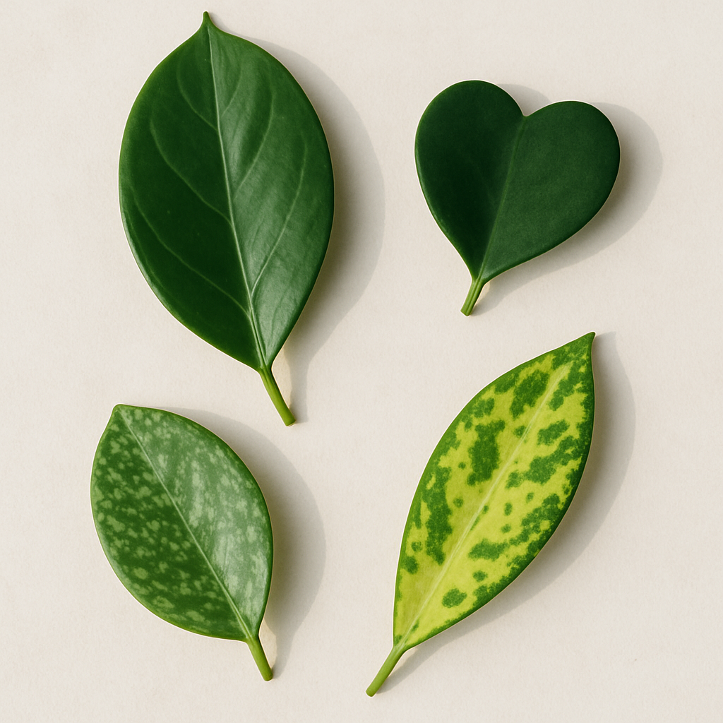 Flatlay showing different hoya leaf shapes - heart-shaped, round, variegated, twisted