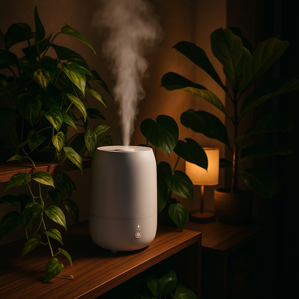 A humidifier running softly in a cozy plant corner at night with visible cool mist and lush tropical plants