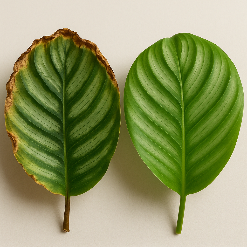 Calathea leaf with crispy brown edges from low humidity damage next to a healthy Calathea with lush unblemished leaves