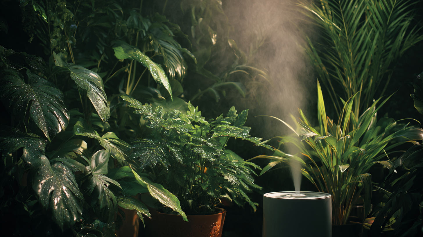Tropical houseplants with humidifier mist and water droplets on leaves