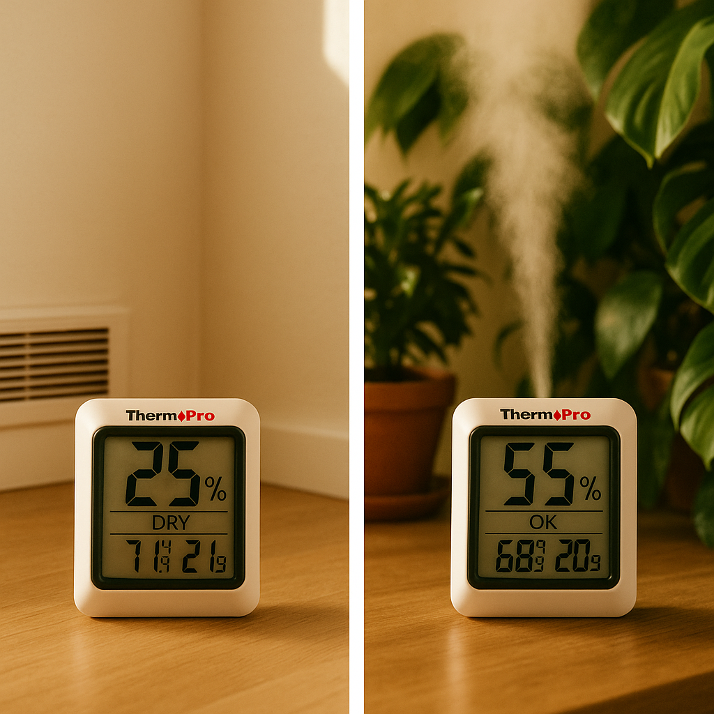 Hygrometer reading showing dry apartment humidity at 25%, then the same space with humidifier running at 55%