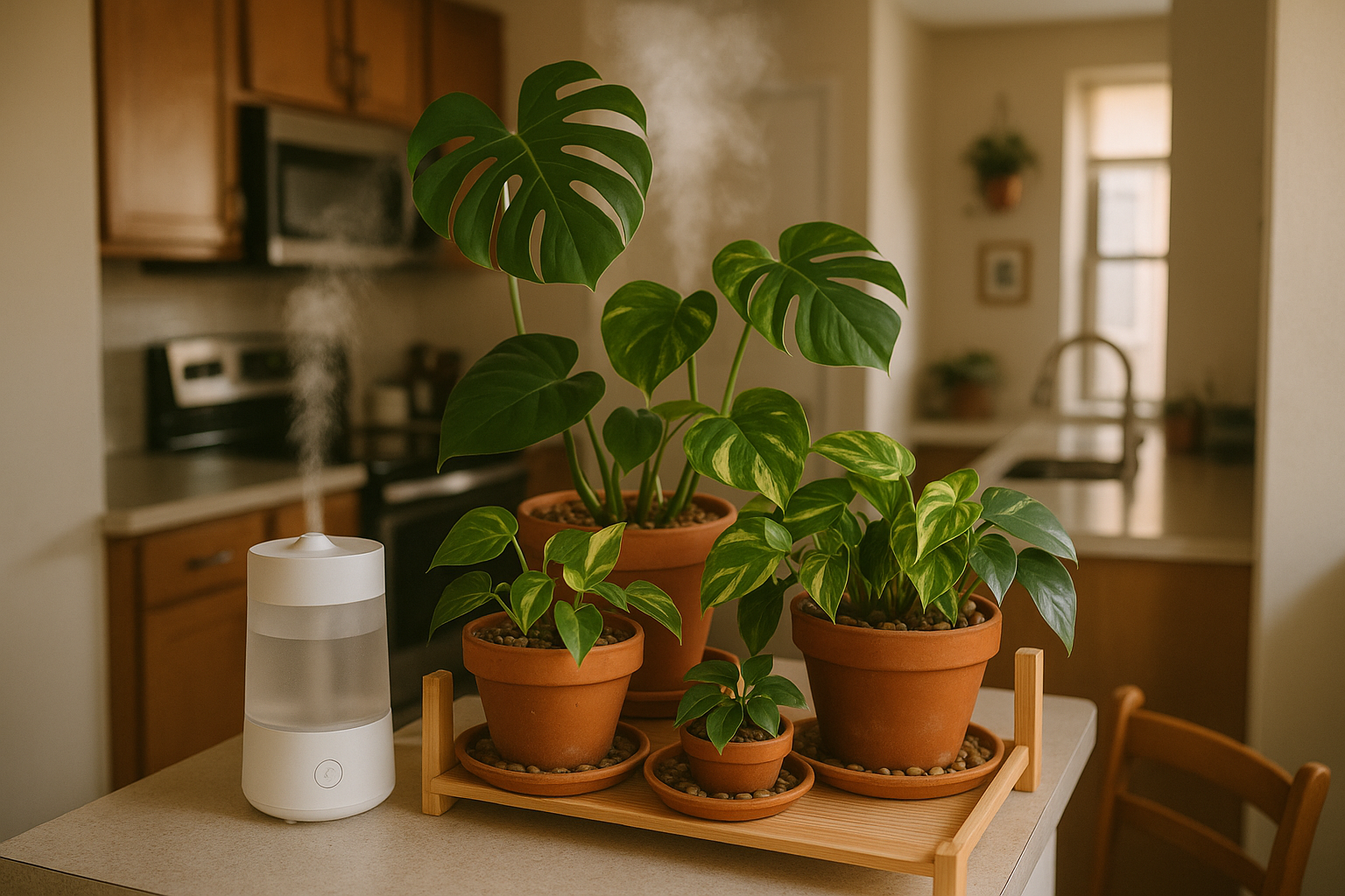 Apartment plant shelf with grouped tropical plants, mini humidifier running, and pebble trays — a small-space humidity solutions setup