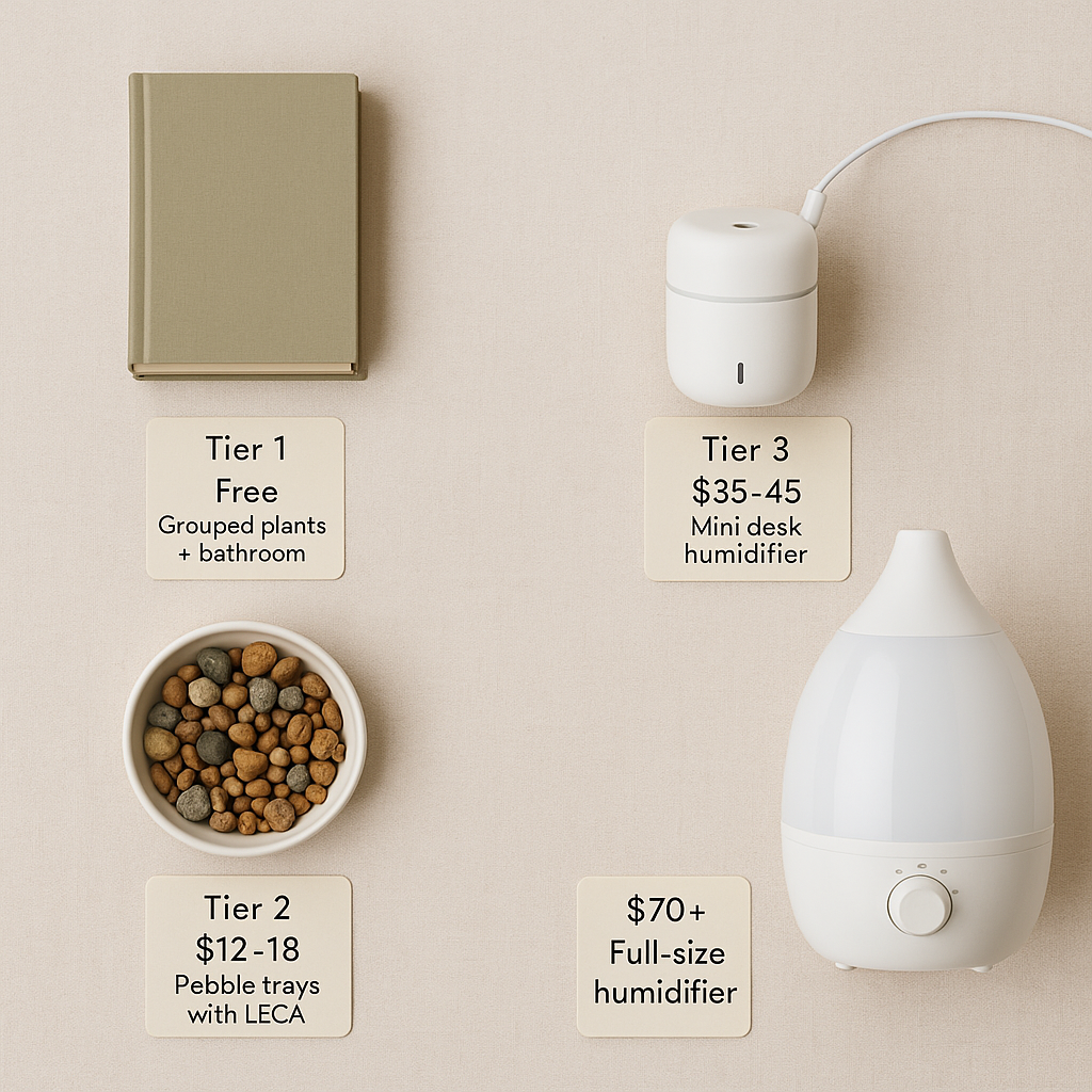 Solutions ladder flatlay showing the four tiers of humidity solutions: grouped plants, pebble trays, mini humidifier, and full-size humidifier with price labels