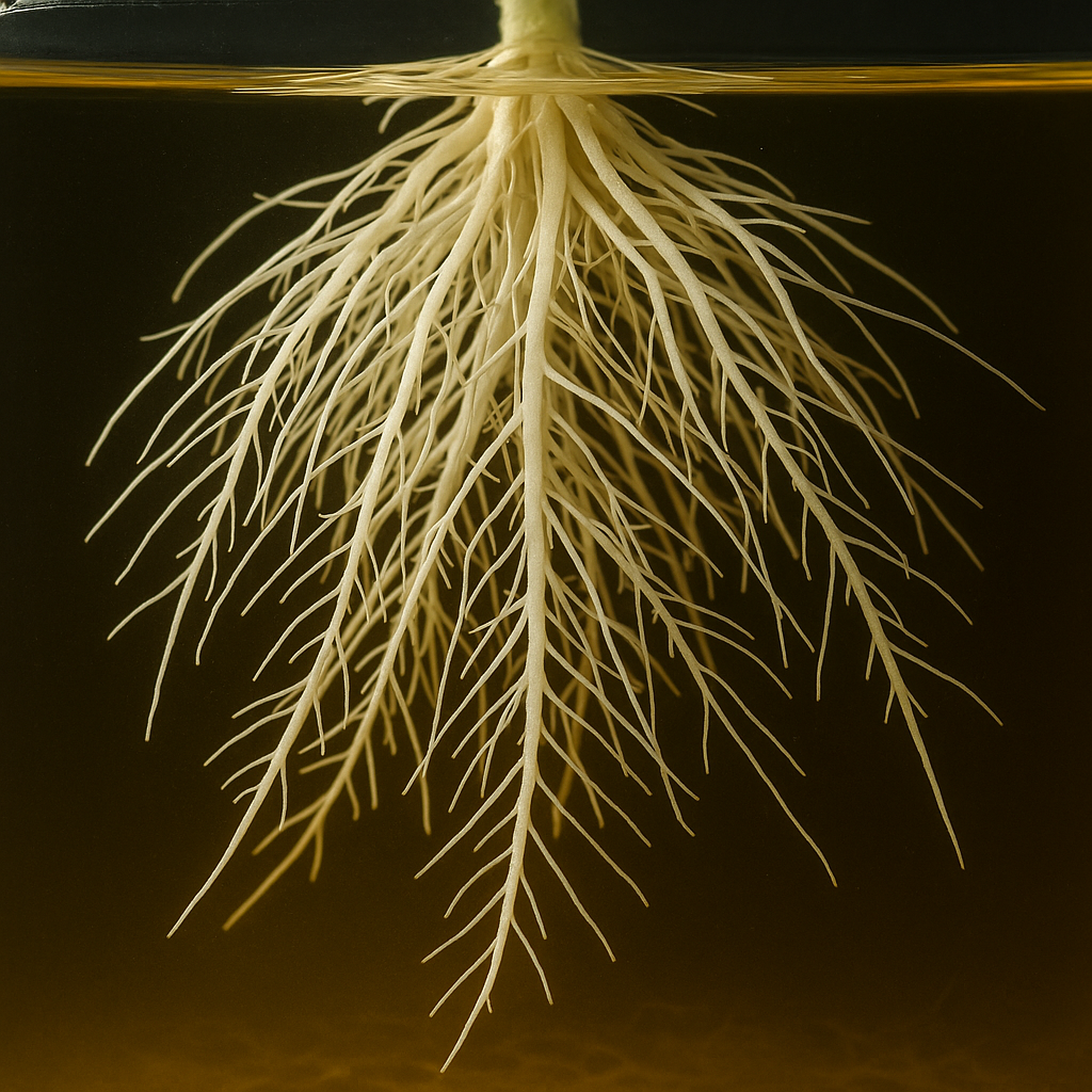 Close-up of healthy white hydroponic roots in nutrient solution