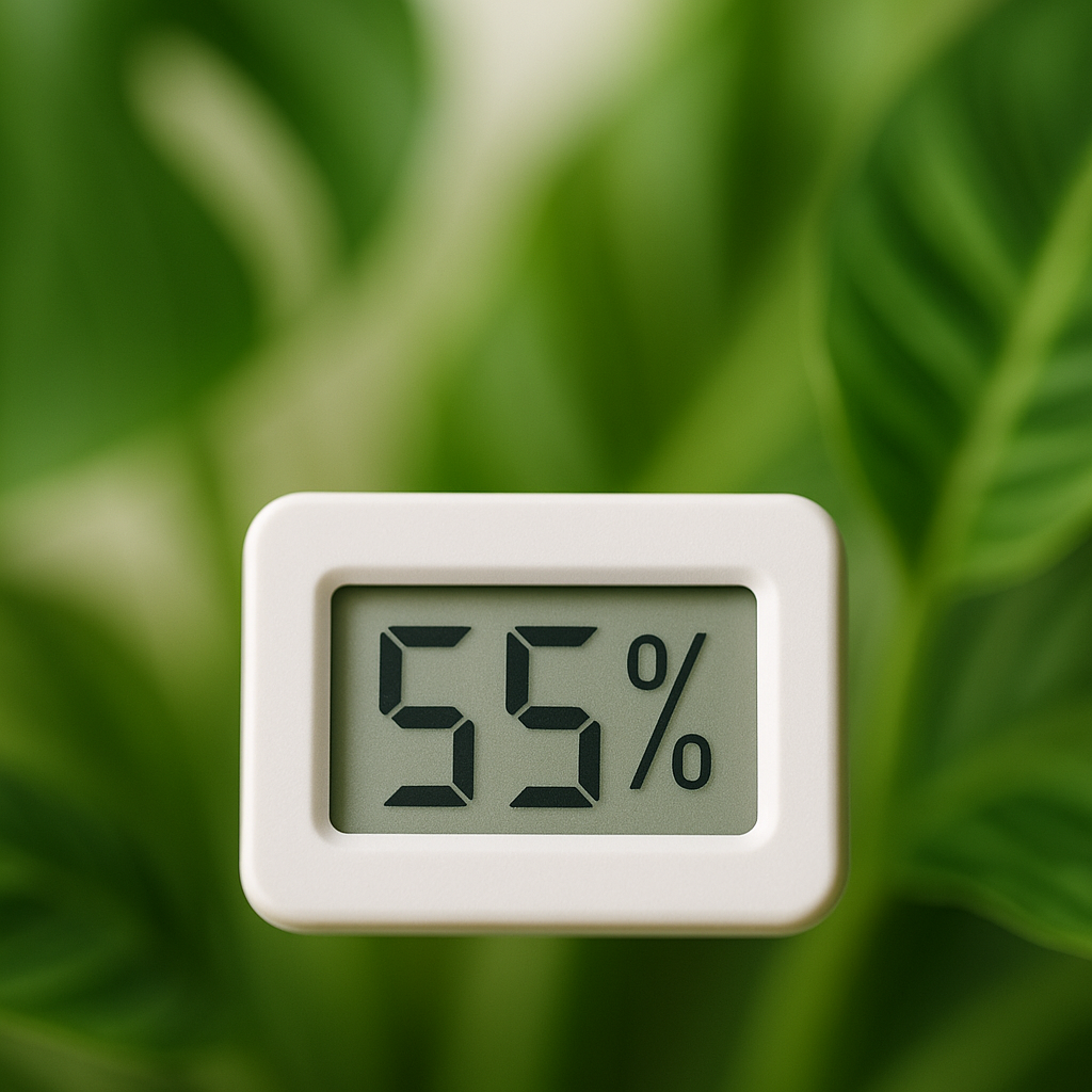 Close-up of a digital hygrometer showing 55% relative humidity with tropical plant leaves in soft focus