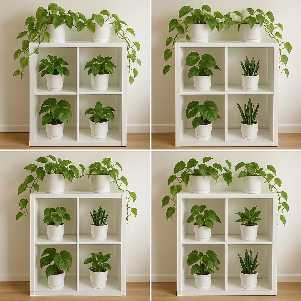 IKEA Kallax plant shelf styled with four different arrangement variations — beginner, statement, trailing, and dark corner combos