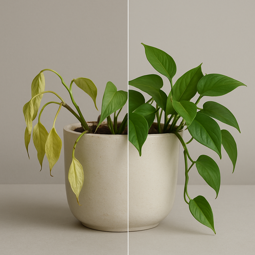 Before and after comparison showing a struggling neglected pothos plant on the left and the same plant thriving after basic care on the right