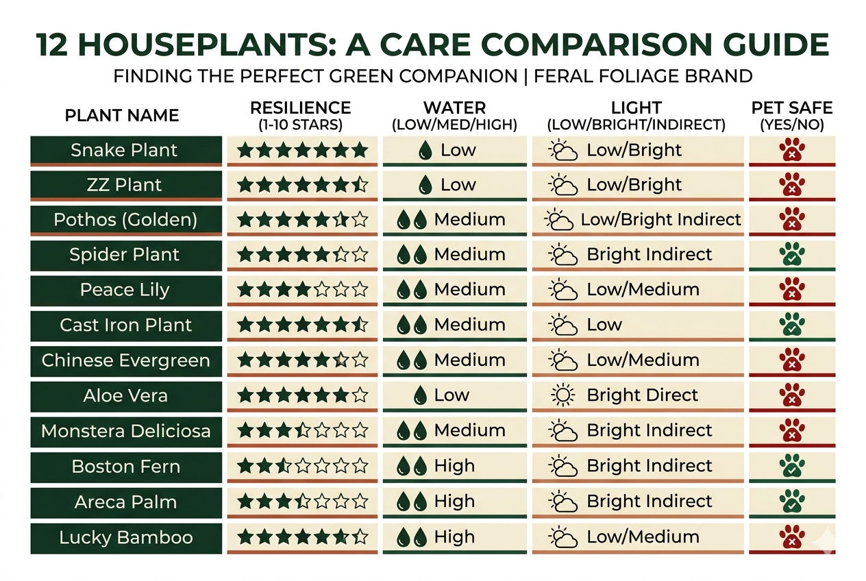 Infographic comparing 12 indestructible houseplants by resilience rating, water frequency, light needs, and pet safety