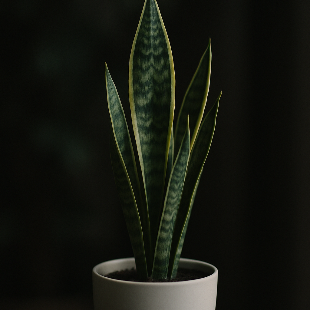 Pinterest carousel slide showing close-up texture of snake plant architectural leaves