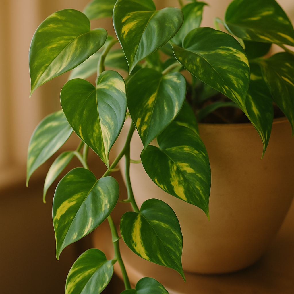Pinterest carousel slide showing close-up trailing pothos heart-shaped leaves in golden variegation