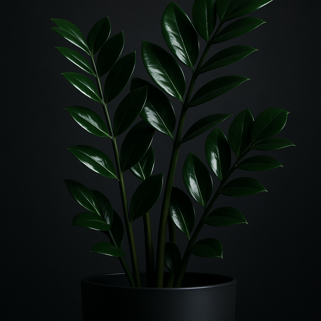 Pinterest carousel slide showing a ZZ plant with glossy waxy leaves in a modern minimal pot