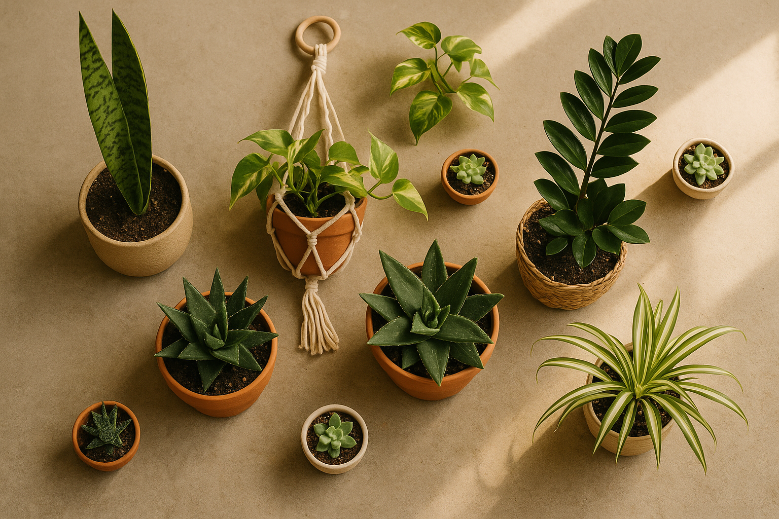 Flat-lay of 8 indestructible houseplants including snake plant, ZZ plant, pothos, and spider plant in varied decorative pots on a concrete surface with natural light
