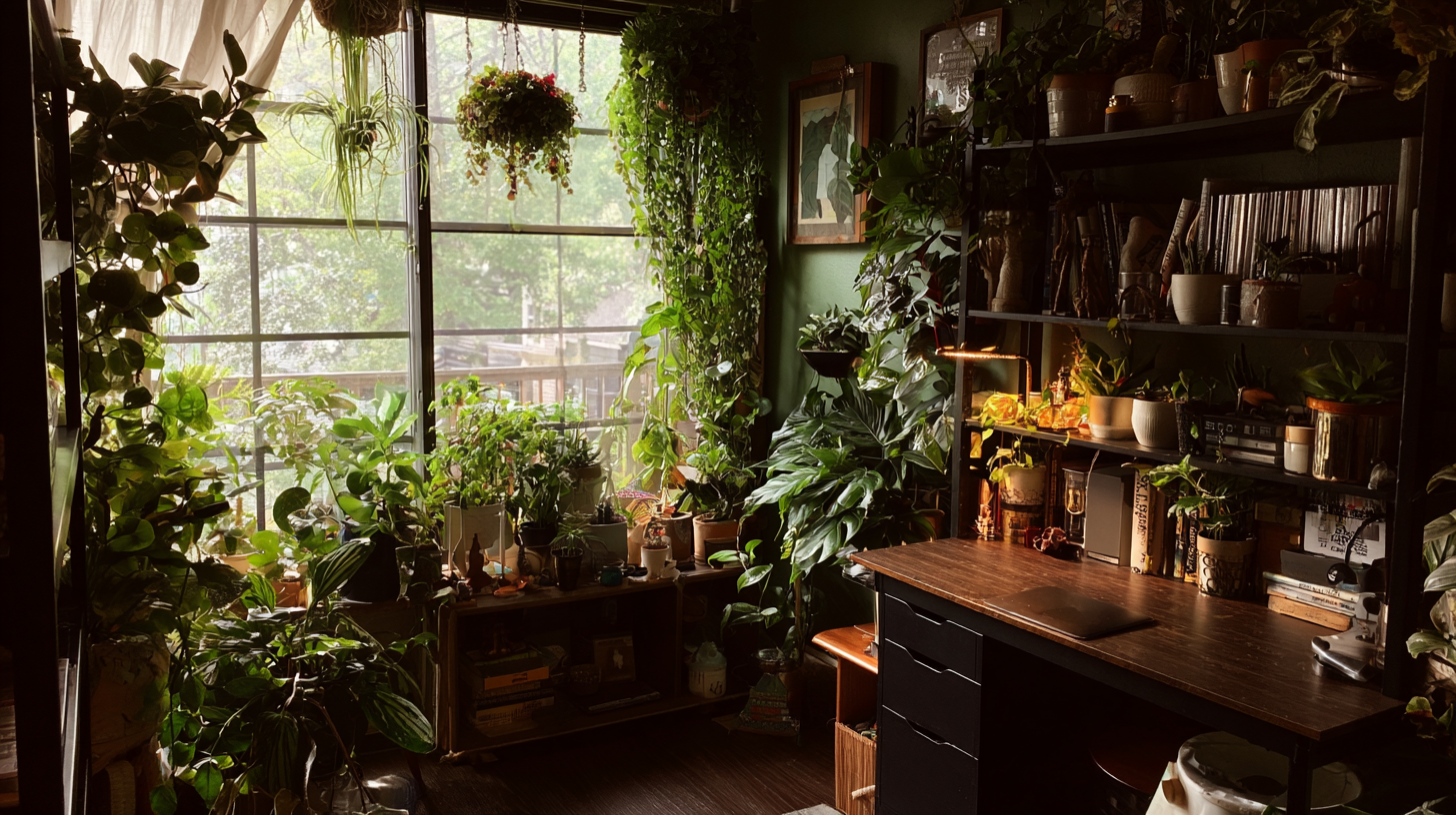 Lush indoor jungle with plants filling every corner of a bright room