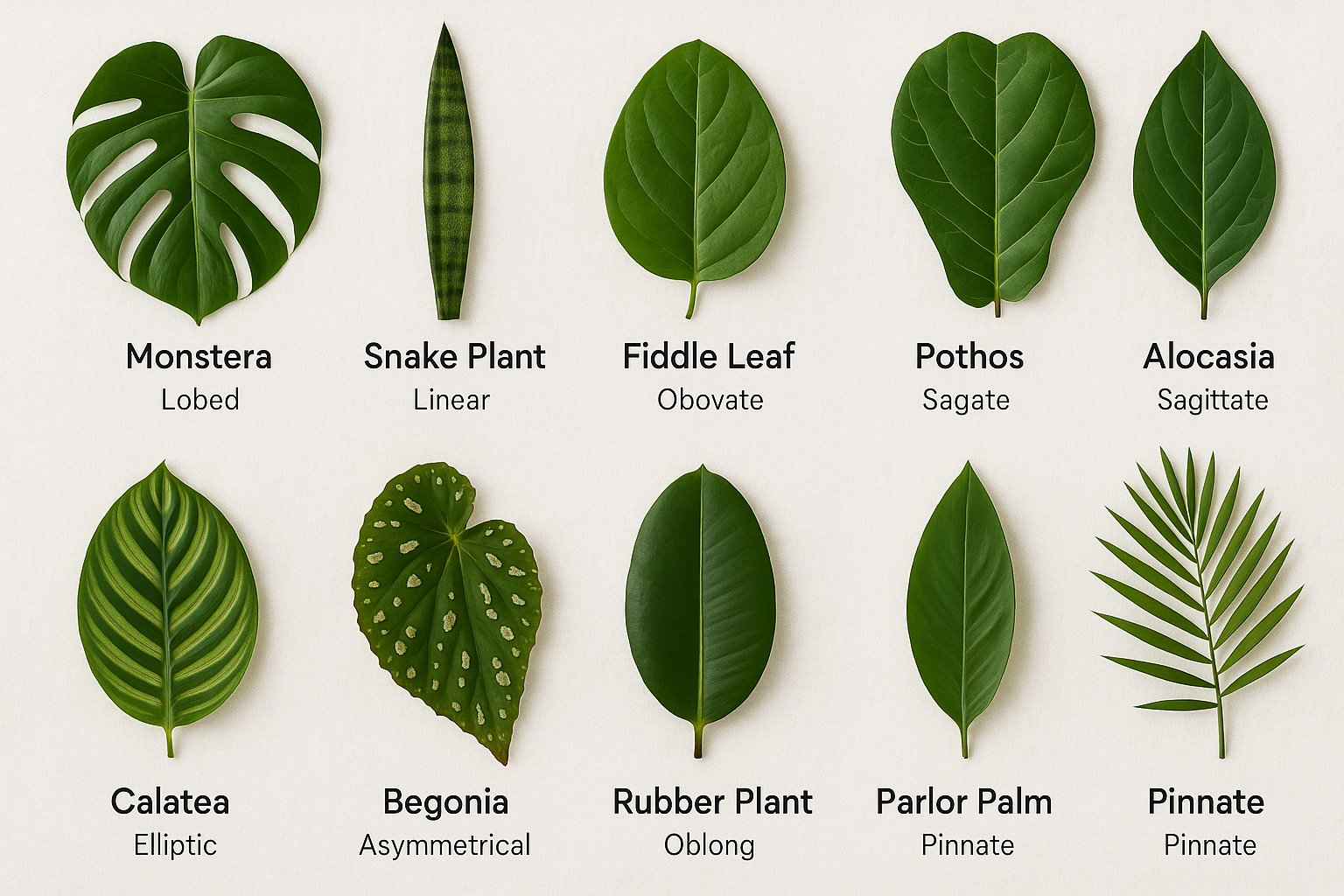 Flat-lay comparison of ten common houseplant leaves arranged by shape category — heart-shaped, round, oval, lance, and arrowhead leaves labeled with plant names