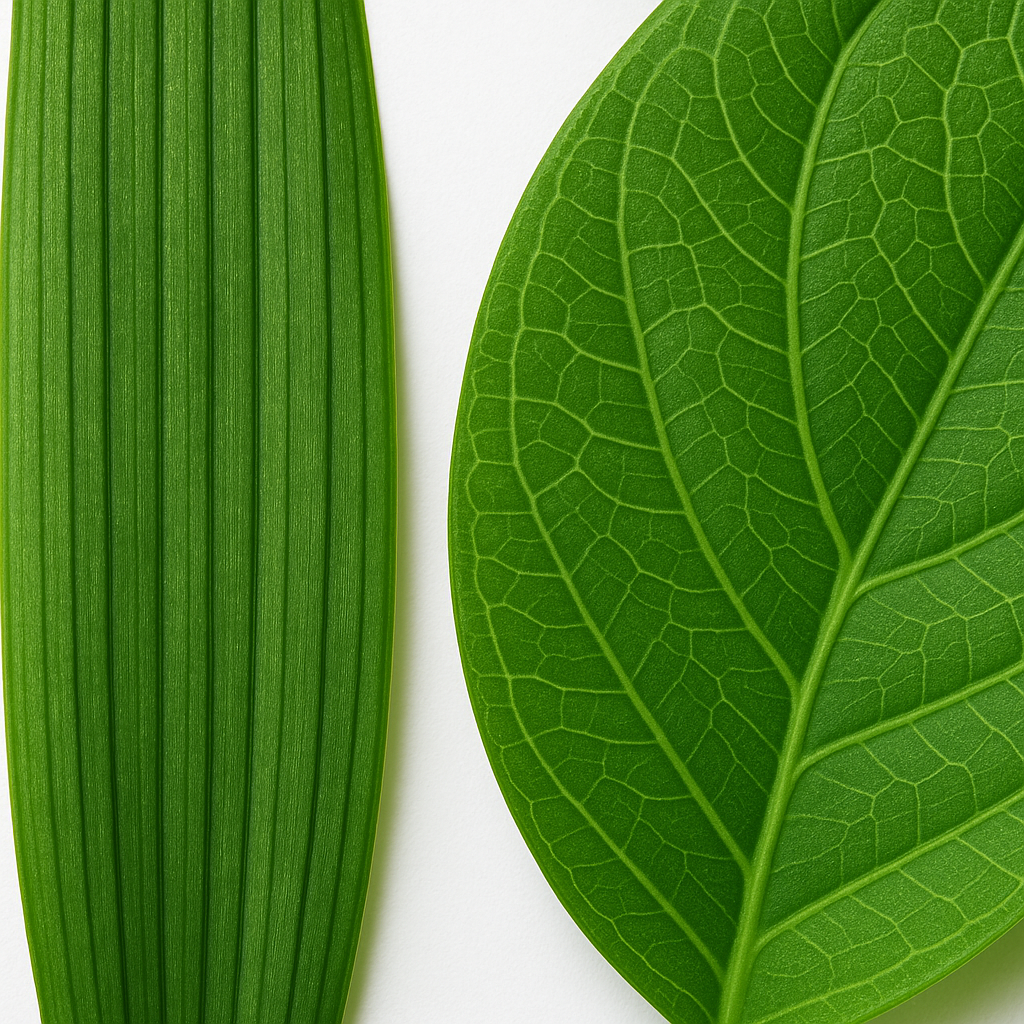 Macro close-up comparing two houseplant leaves showing parallel venation versus netted venation — parallel veins on a monocot leaf beside netted veins on a dicot leaf