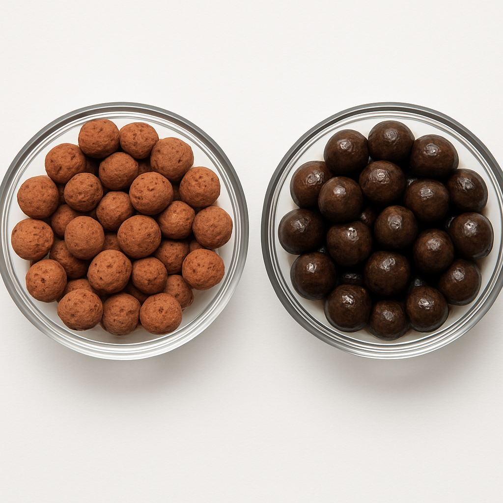 Dry LECA clay balls next to wet LECA — showing how the pellets absorb and hold water