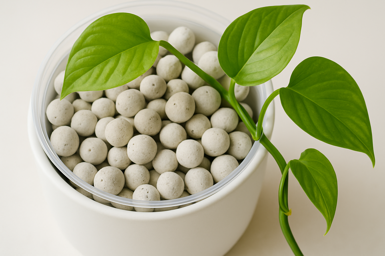 LECA clay balls in a clear pot with a thriving pothos — the complete semi-hydro setup for beginners