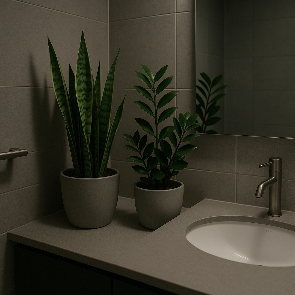 Snake plant and ZZ plant on bathroom counter in dimly lit bathroom with no windows, proving low-light plants can thrive
