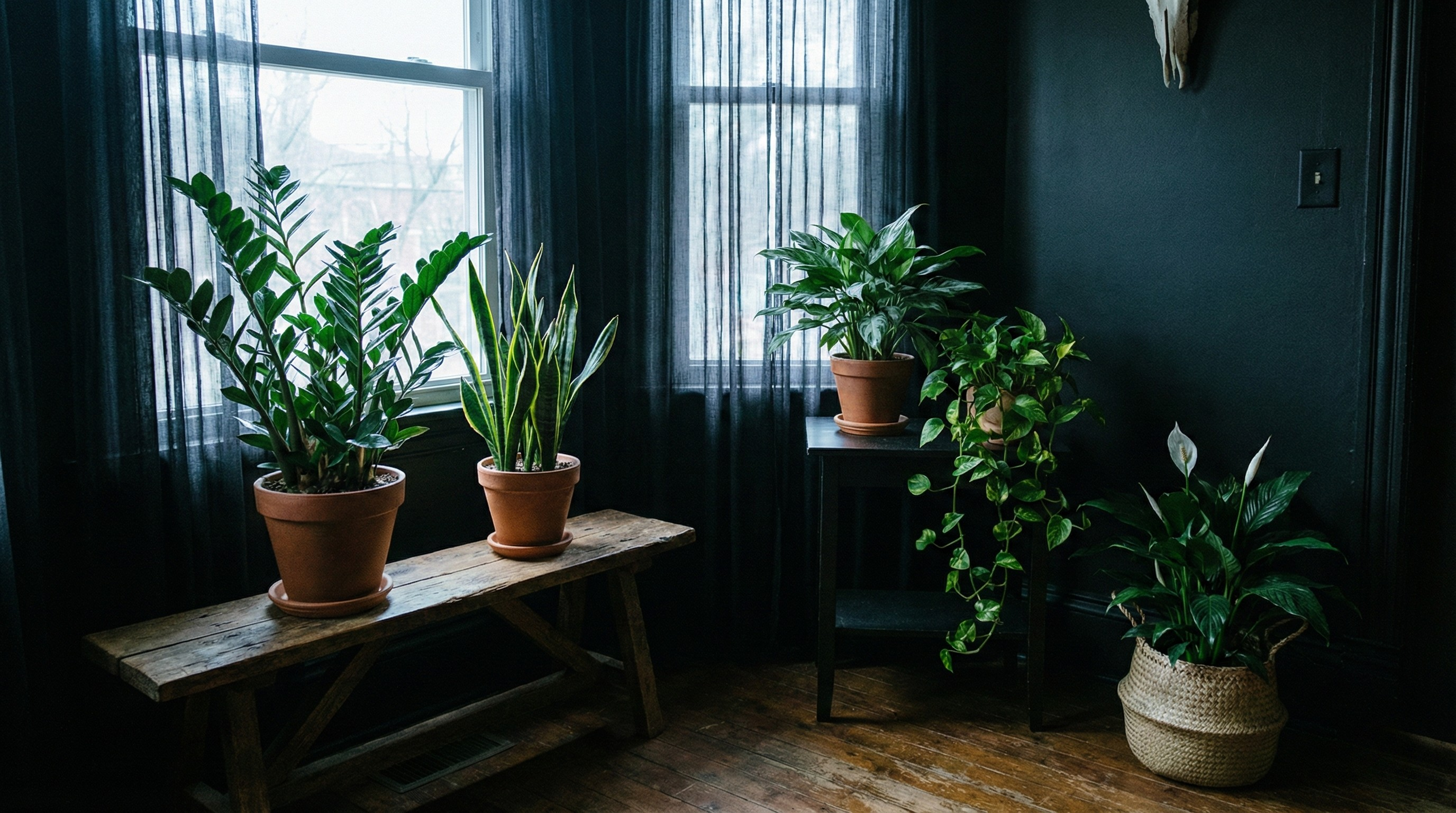 Collection of low-light houseplants in a dark room: snake plant, ZZ plant, chinese evergreen, pothos, peace lily